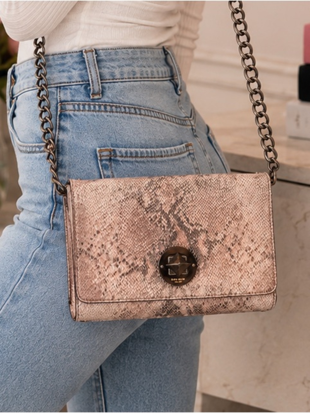 kate spade New York Snake-Texture Shoulder Bag in Blush Pink Turnlock Closure